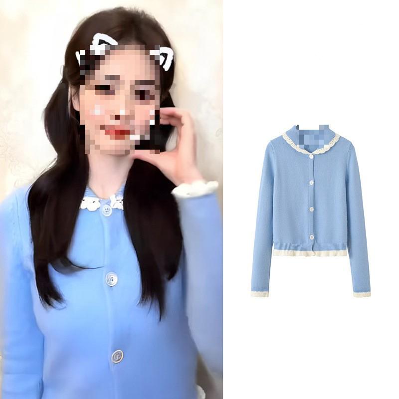 Bai Lu Blue Lace Trim Knit Cardigan: Autumn/Winter Soft, Cozy, Trendy Sweater