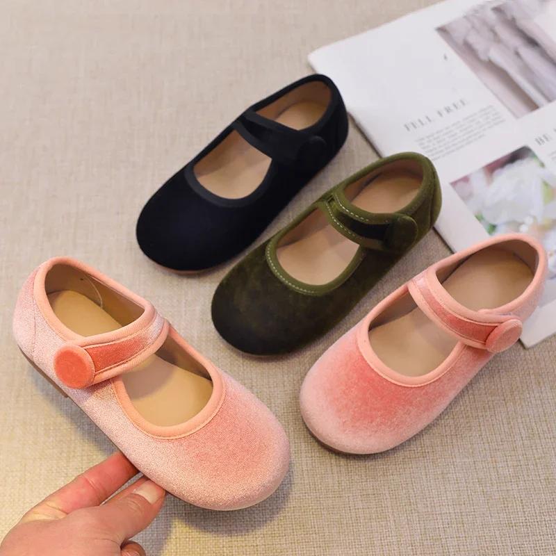 New 2024 Autumn Children Princess Shoes Girl's Ballet Flats Fashion Concise Style Velvet Shallow Elegant All-match Kids Flats