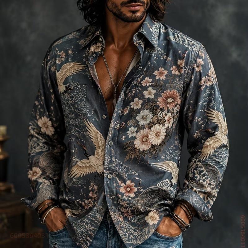 Men's Long Sleeved Shirt with Floral Totem Full Print Top, Versatile for Daily Use, Fashionable and Comfortable Casual Shirt
