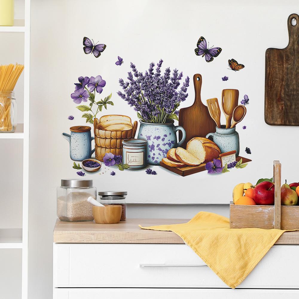 Self-adhesive Wall Stickers Flowers Bread Kitchen Utensils Butterfly for Restaurant Kitchen Dining Room Home Decor