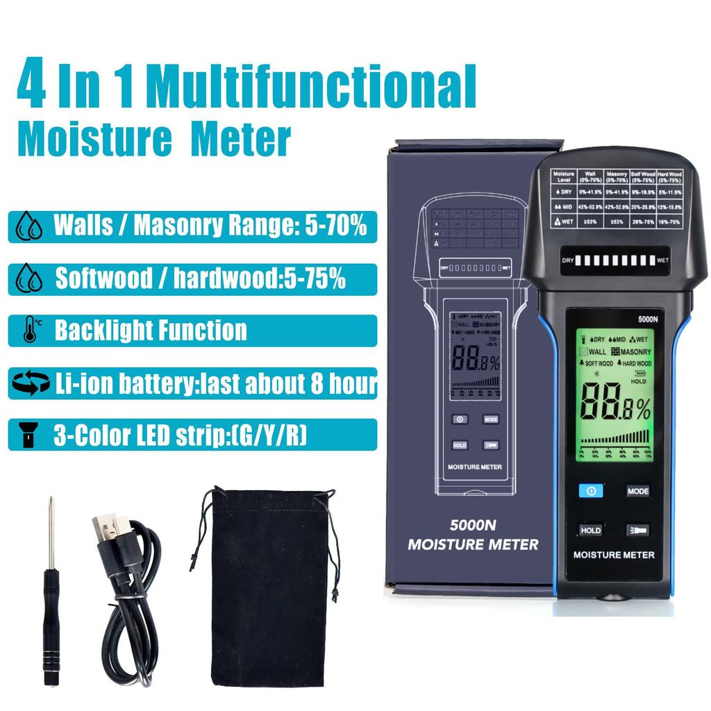 5000N Digitales Feuchtemessgerät für Holz, Wände & Mauerwerk | 4 Modi, ±4% Genauigkeit, LED-Balkendiagramm, Typ-C-Ladung, Automatische Abschaltung (128g)