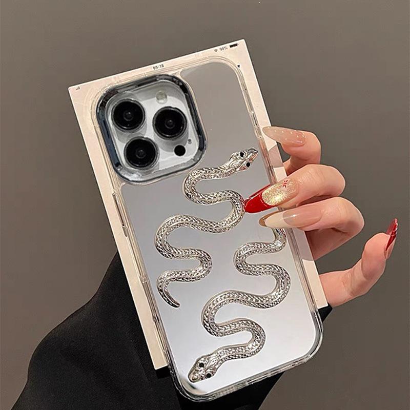Silver Snake Mirror Phone Case for iPhone 16 Pro Max and 14 Pro - Women's High-End Style