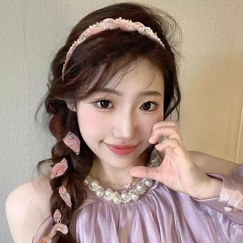 Summer Floral Braided Headband Womens Tied Hair Scarf Floating Headband Headband One System Pearl Tie