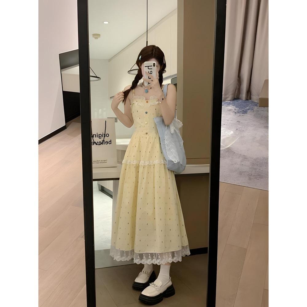 Small Man Yellow Polka Dot Suspender Versatile Temperament Thin Long Dress Dress Children's New Summer Models