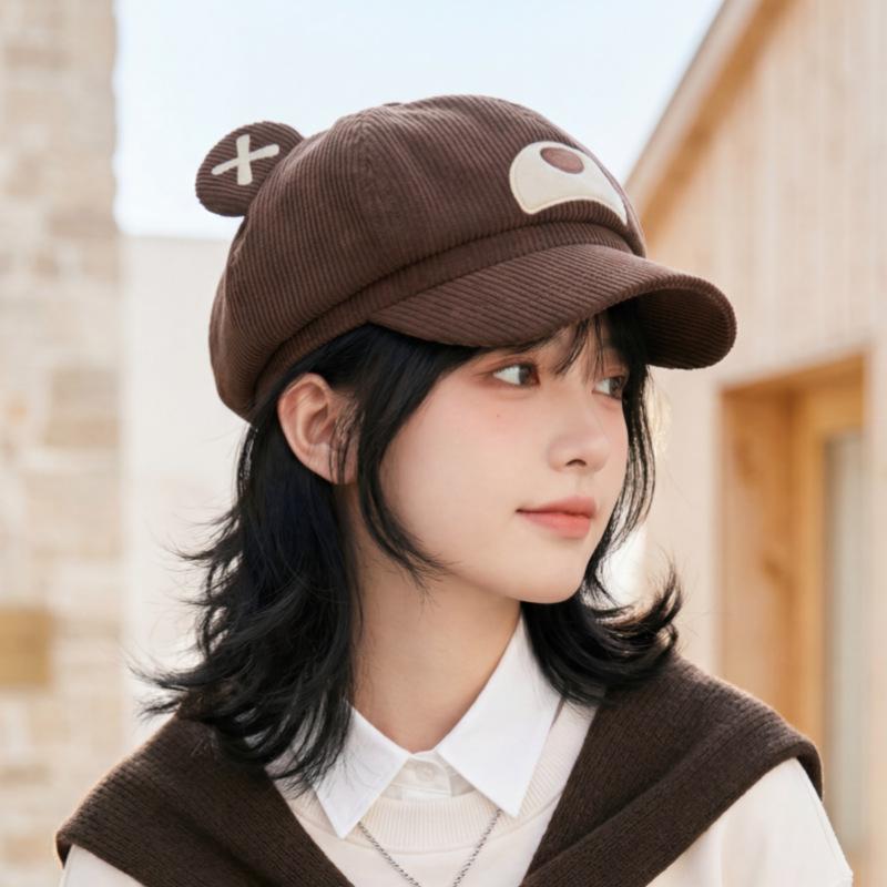 New cute bear ears octagonal hat autumn and winter cartoon bear newsboy hat age-reducing versatile corduroy short brim hat