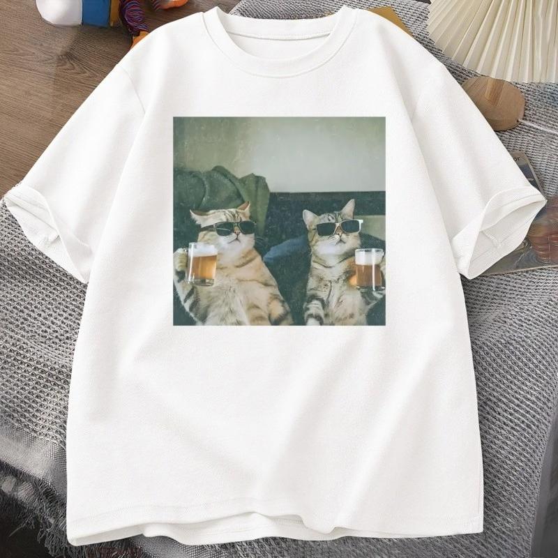 2026 Hot Sale Funny Cool Cat Drinking Beer T-shirt Casual Cotton Short Sleeve T Shirt Men Women Clothes Harajuku Round Neck Men's Designer Tops Tee