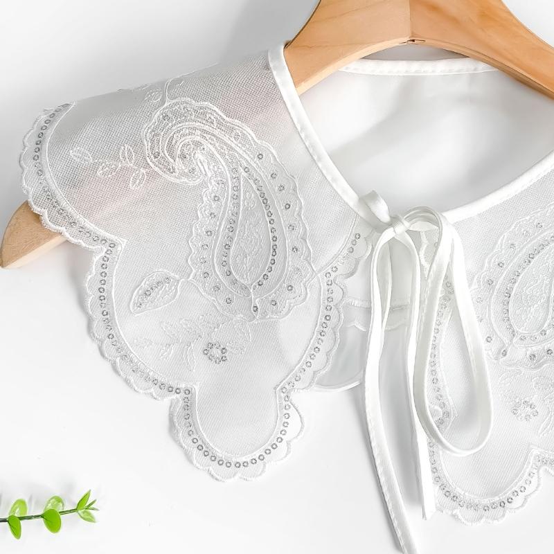 Elegant White Embroidered Flower Detachable Collar for Women Fashionable Sequins Embellished Mesh Shawl Wrap Capelet