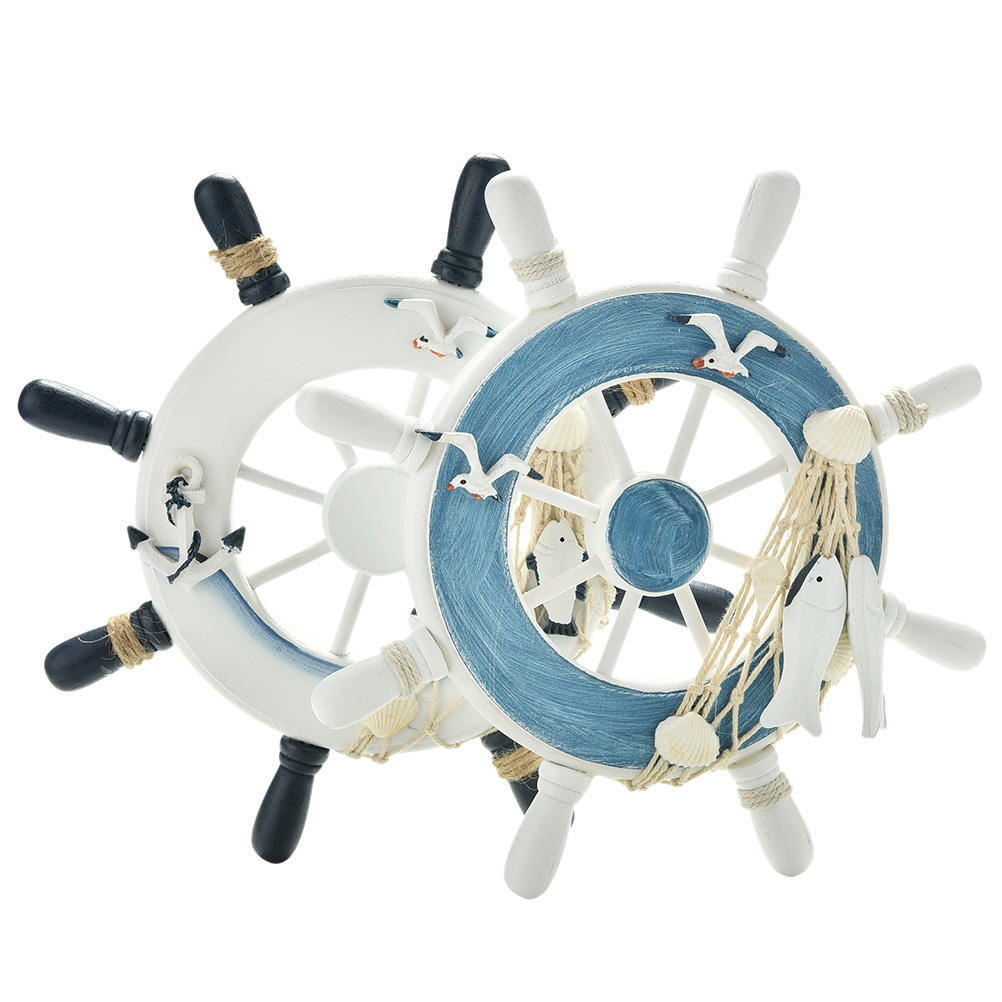 1 Pcs 9 Inch Blue White Beach Wooden Boat Ship Rudder Net Wall Decoration