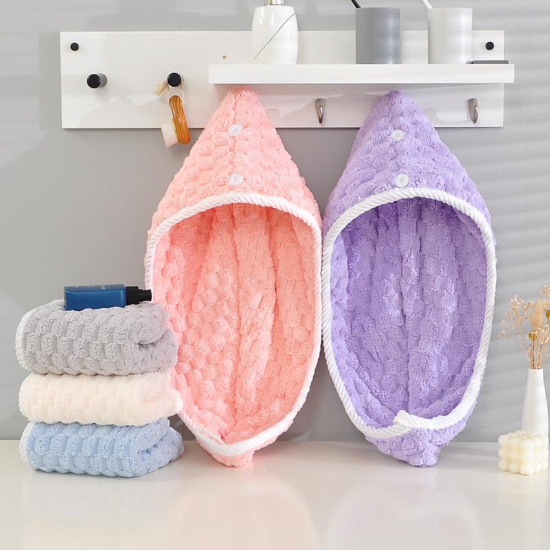 New polyester brocade coral fleece cloud grid shower cap shampoo dry hair towel, household absorbent dry hair cap bag head towel
