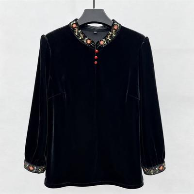 Retro Women's Velvet Blouse Embroidered Stand Collar Plus Size Blouse Spring Autumn Long Sleeve Pullover Top