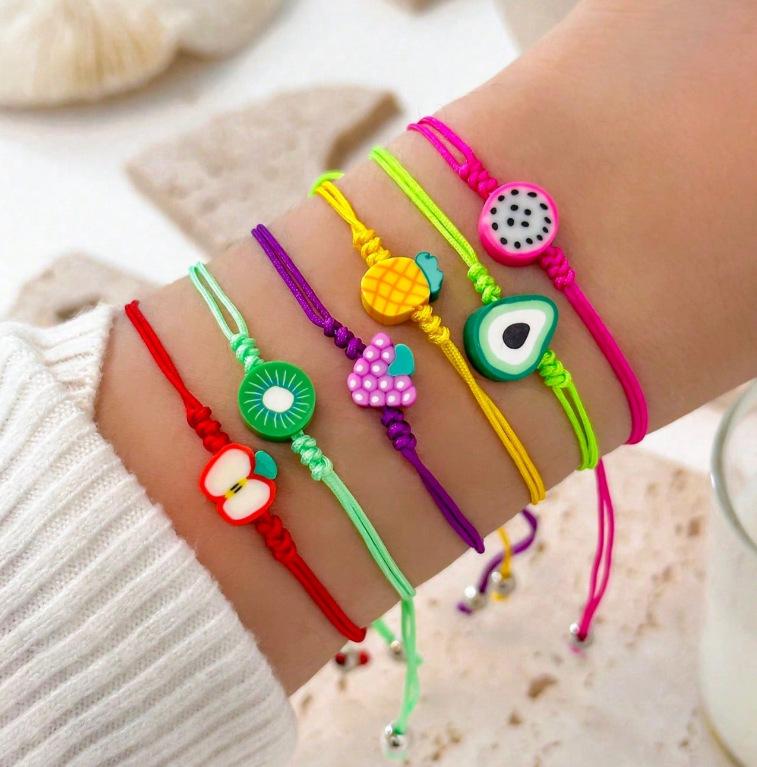 12-Piece Bohemian Rainbow Clay Fruit Bracelet Set: Strawberry, Watermelon, Grapefruit