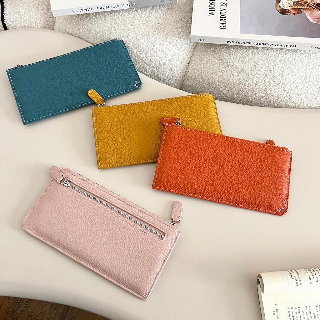 Portefeuille long ultra-fin en cuir véritable: Convient aux billets de grande valeur et au téléphone, Emplacements multiples pour cartes, Pas de compartiments, Fermeture à glissière, Cuir de vachette de première couche