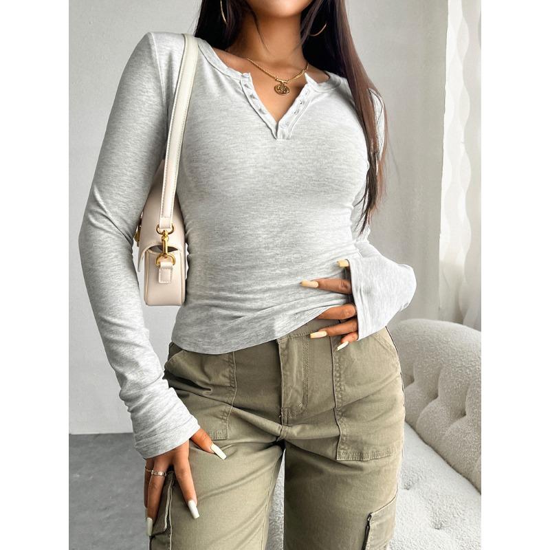 Women's Fall and Winter Tops Y2K Temperament Slim V-neck Buttons Long-sleeved T-shirt