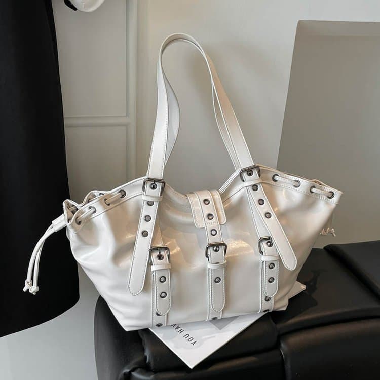 Rivet Metal Buckle Drawstring Tote Bag Women s Shoulder Bag