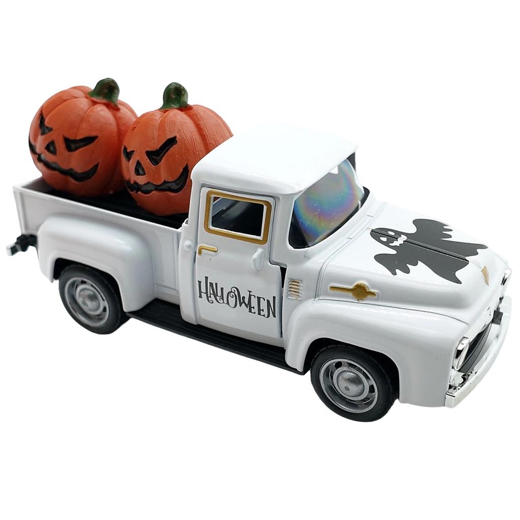 Vintage Halloween Alloy Truck Model with Pumpkins and Figurine for Holiday Decor