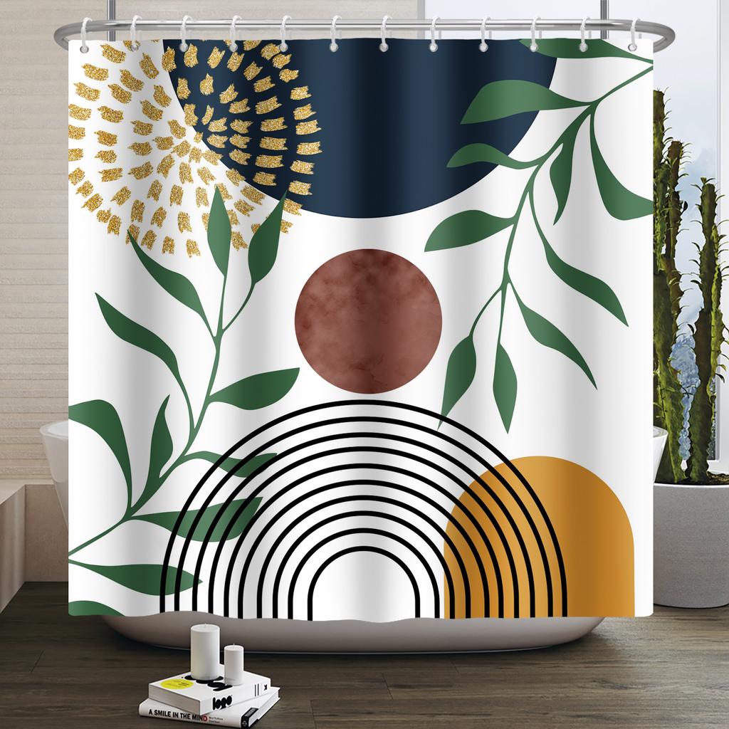 Mid Century Abstract Boho Shower Curtain Green Leaf Plant Modern Arch Sun Minimalist Nordic Waterproof Bathroom Bath Curtain