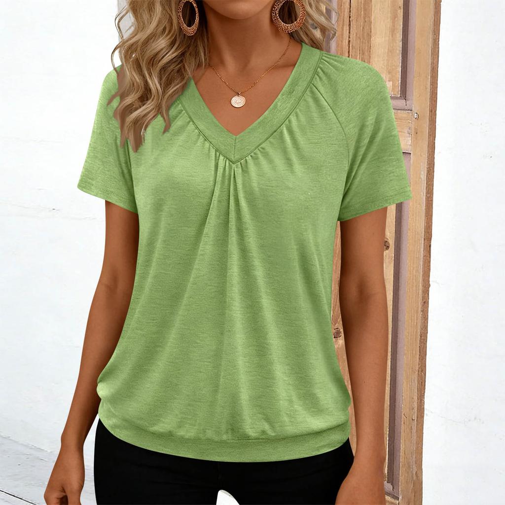 Women's Casual -Color V-Neck Loose-Fit Short-Sleeve Pullover