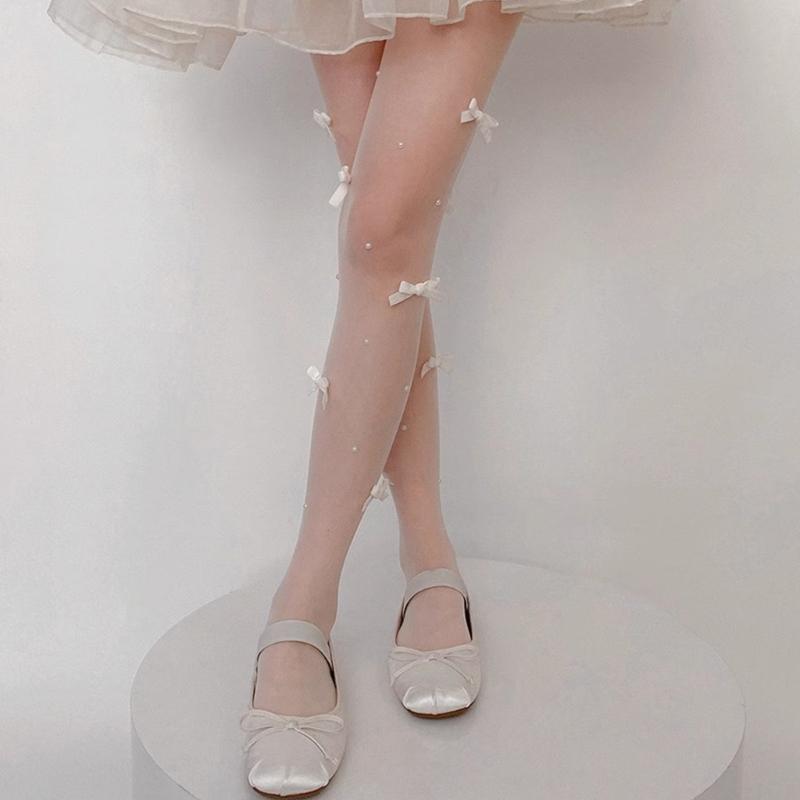 Sheer Tights for Women Lolitas Bows Pearls Pantyhose Control Top Thigh High Stockings Silk Thin Stockings Tights Hosiery