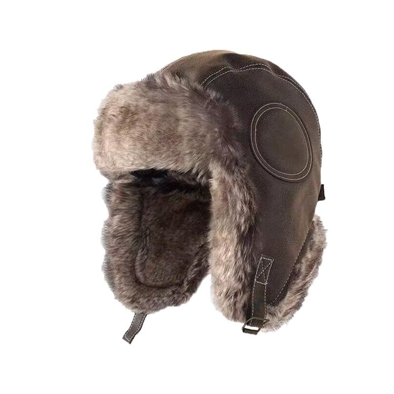 Leather cap Men's winter thickened plush flight hat Women's outdoor windproof locomotive ear cap