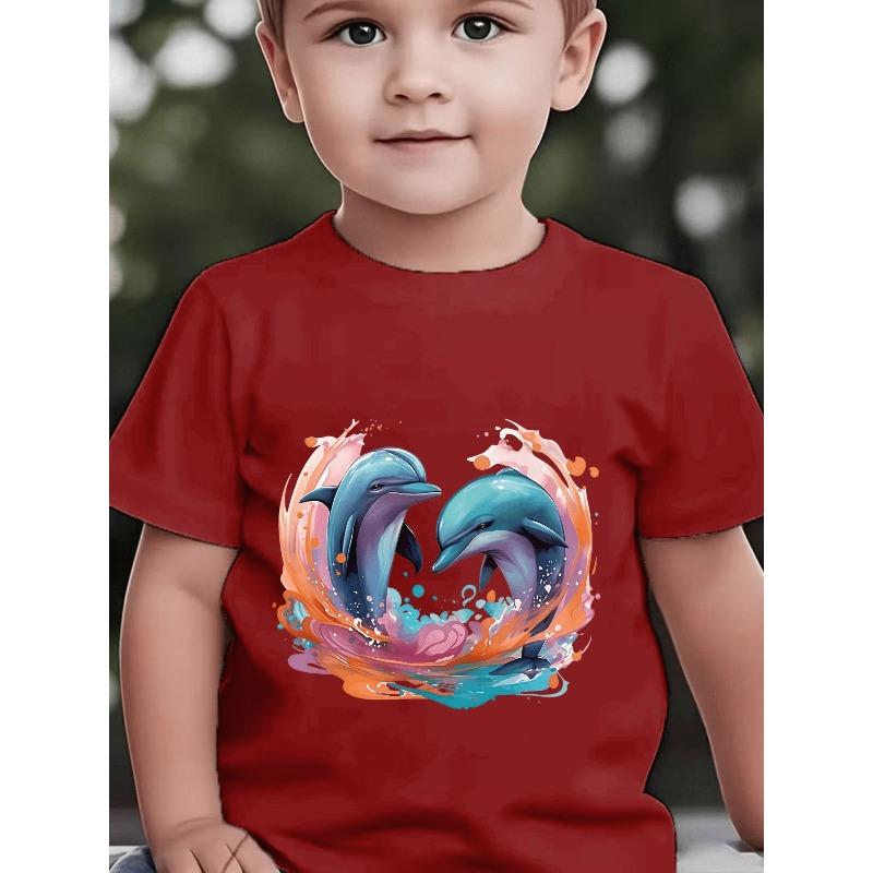 European Sizes Kids' Short Sleeve Summer New Cute Dolphin Print Fashion Versatile Kids Casual T-Shirt