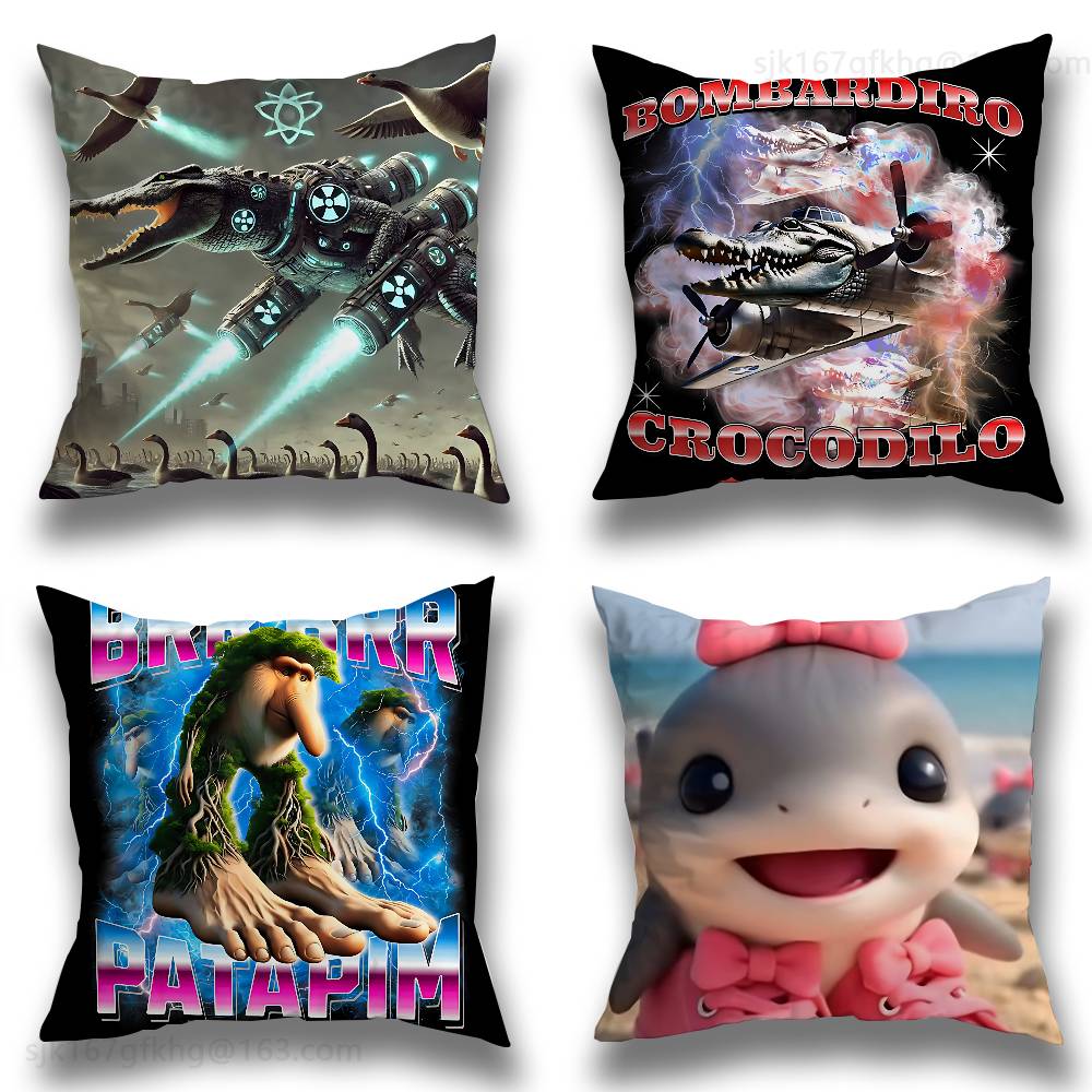 ITALlAN Brainrot Creative Pillow Case Anti-dustmite Pillowcase Invisible zipper silky short plush Sofa cushion cover