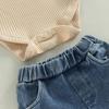 Kids Girls Pants Suit, Long Sleeve Round Neck Lace Romper Tops + Casual Denim Bell-Bottoms + Headband