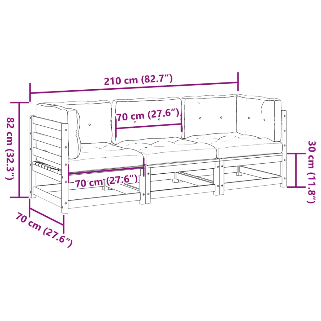 3 Piece Garden Sofa Set with Cushions Wax Brown Pine Wood