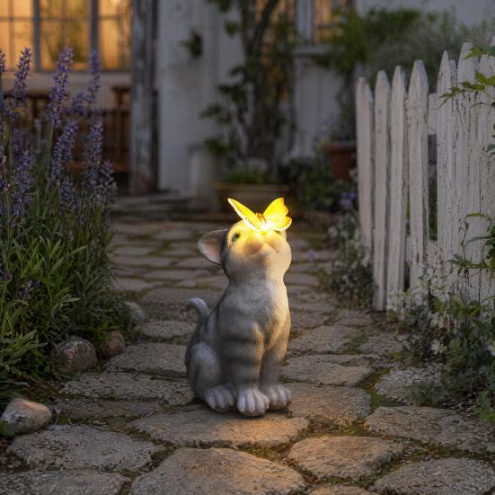 Cat Statue Solar Light, Outdoor Kitten Bunny Butterfly Sculpture Garden Light, Waterproof Solar Resin Animal Light for Pathway Yard Patio