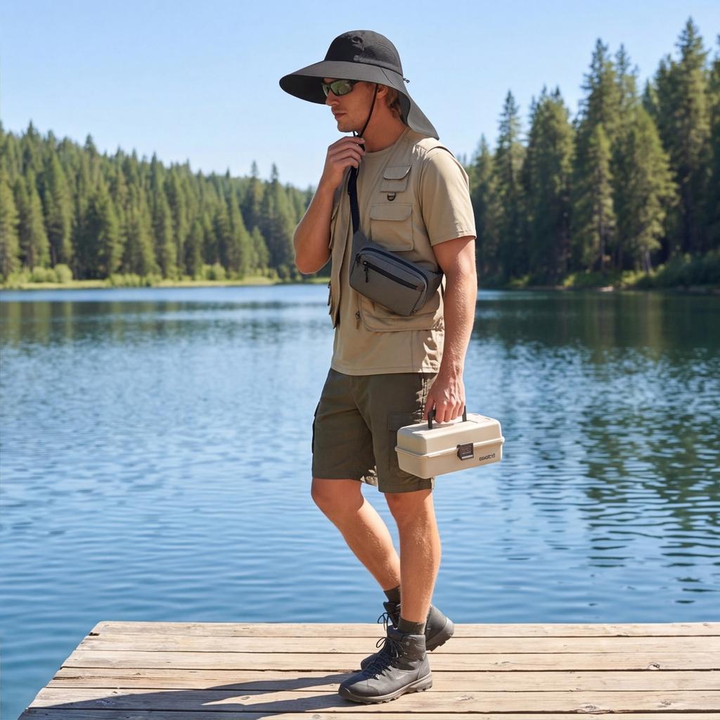 Men's Outdoor Sun Protection Hat Wide Brim Fishing Hat Travel Hat with Neck Flap and Adjustable Chin Strap Breathable Mesh Panels