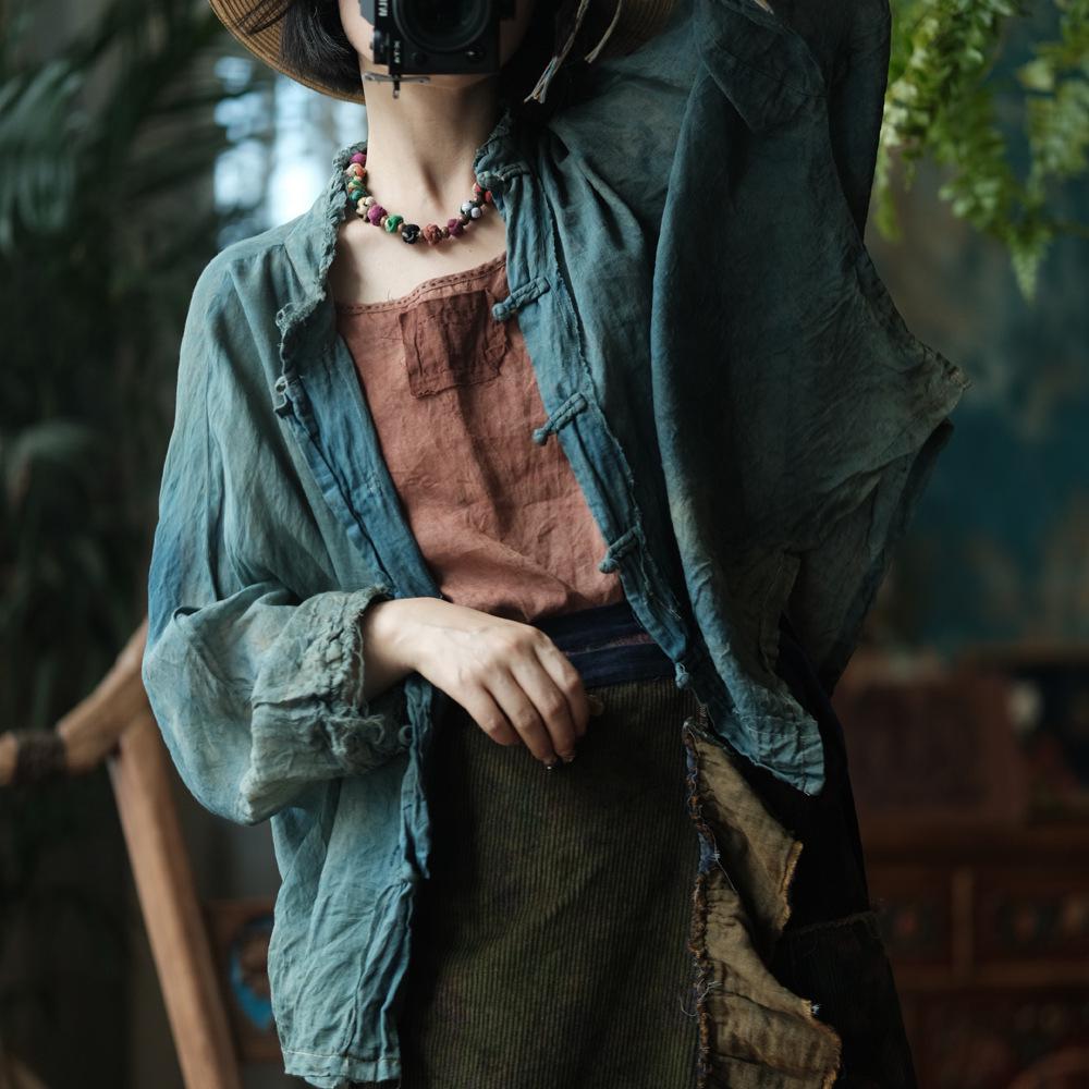 Luo Gu Ni Original Green Patchwork Cotton Linen Lace-Up Wrap Skirt