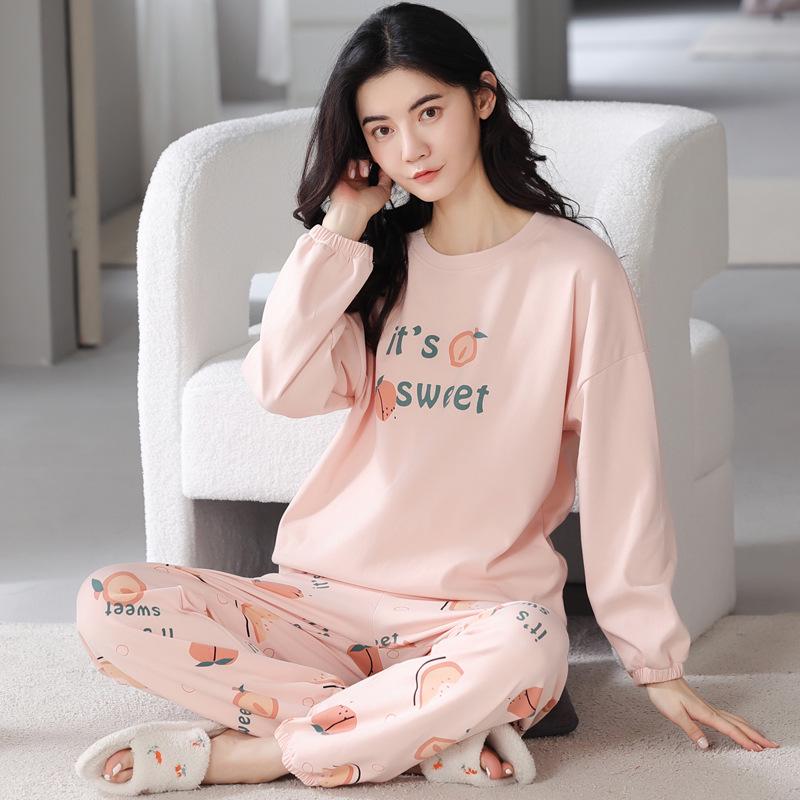 Women's Cartoon Cotton Pajama Set – Long Sleeve, Long Pants, Casual Wear for Spring & Autumn, Wearable Outdoors, Two-Piece.