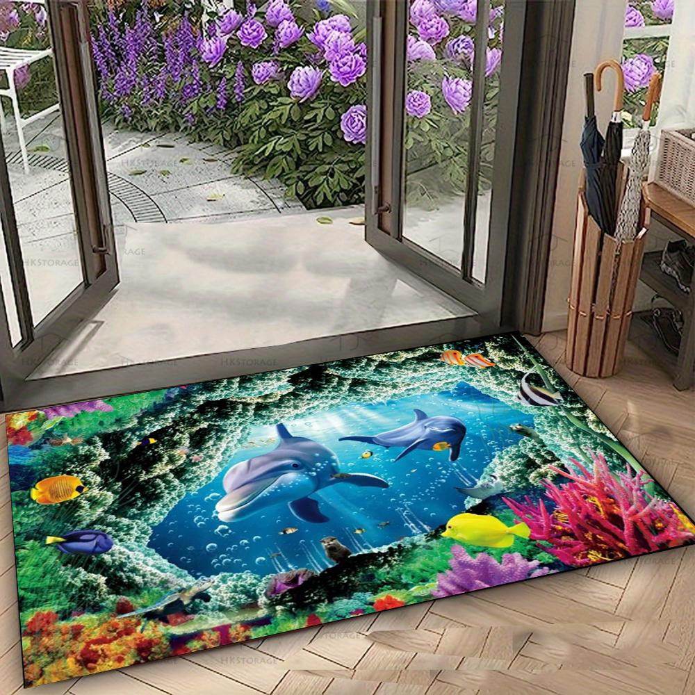 Ocean Scene Door Mat with Dolphins Whales and Rainbow Non-slip Entrance Rug for Home Decor Living Room Bedroom Decoration
