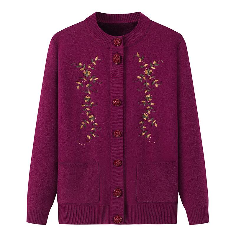 Dámský plusový sametový zesílený kardigan - Jarní a podzimní pletený svetr pro středního věku a starší