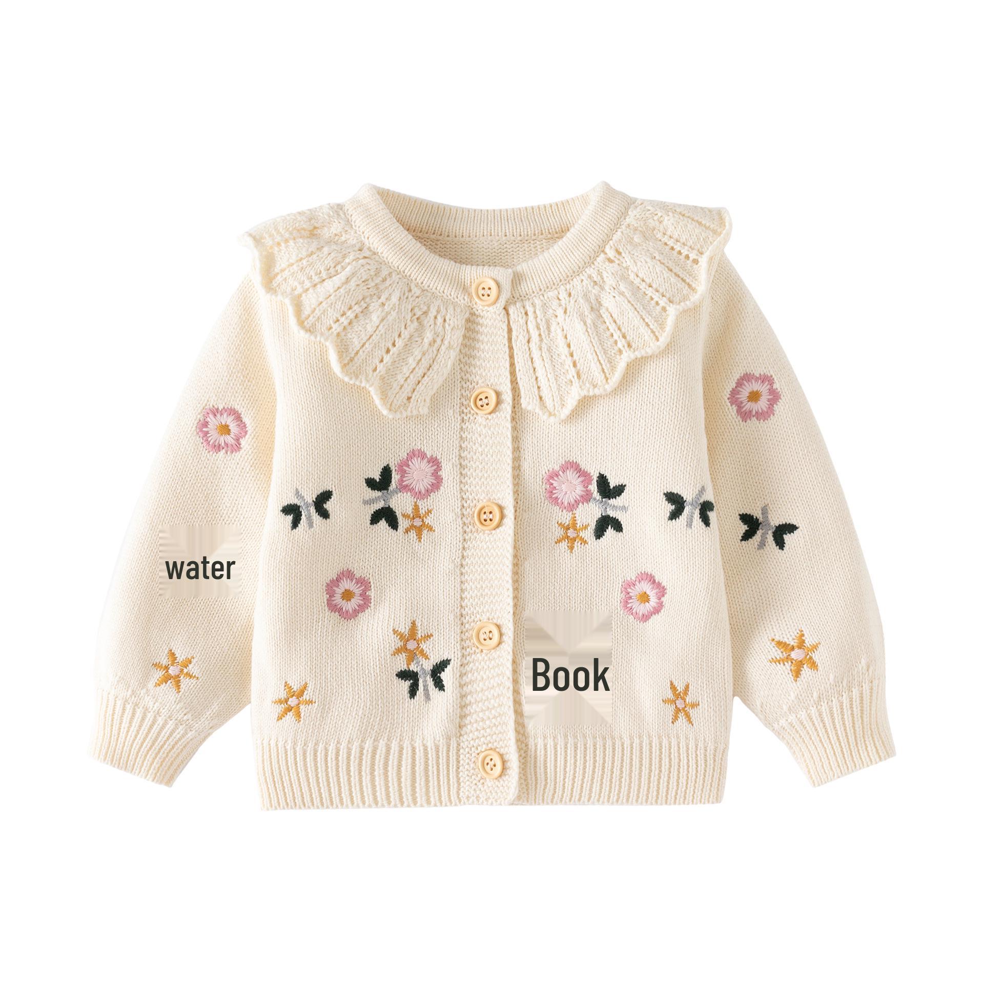 LNS Baby Girl Korean-Style Beige Sweater: Cute Embroidered Knit Cardigan for Spring & Autumn Size 110