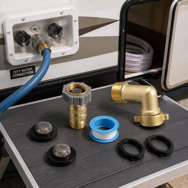 Brass Motorhome Water Pressure Regulator Kit with 3/4 Garden Hose Thread, 90 Degree Elbow Adapter, Seal Tape and Washer Accessories