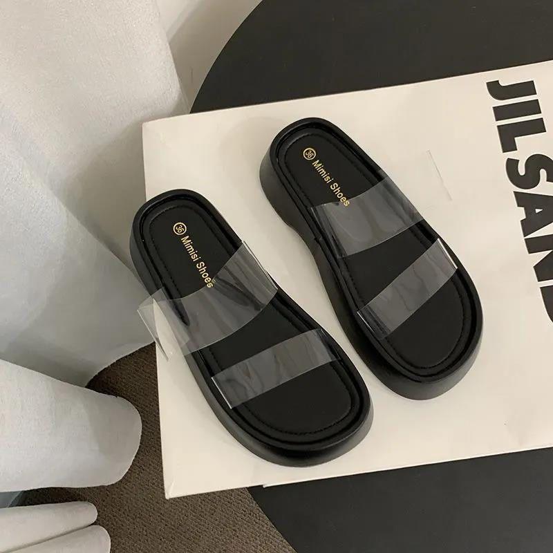 Muffin thick-soled cool slippers for women's summer wear 2025 new Korean version transparent semi-slippers heightening Roman beach shoes