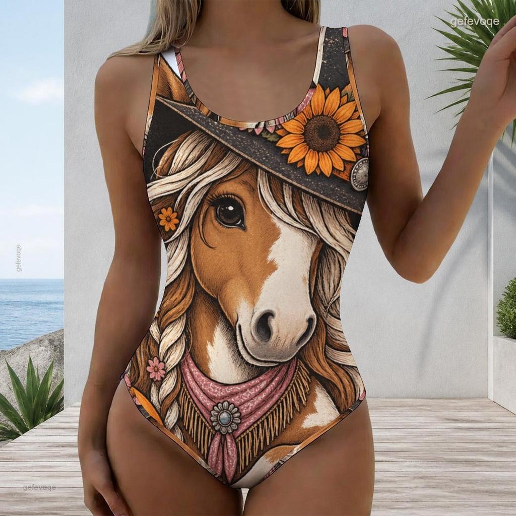 Women Plus Size Sleeveless U Neck Halloween Ghost Pumpkin Print One Piece Swimsuit