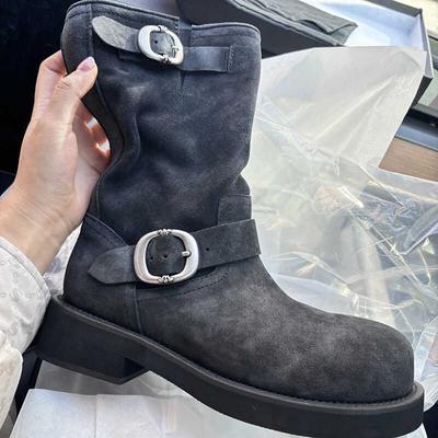 Leather Round Head Platform Sole Martin Boots Western Cowboy Boots Women'S Versatile Belt Buckle Medium Boots Short Boots Tide