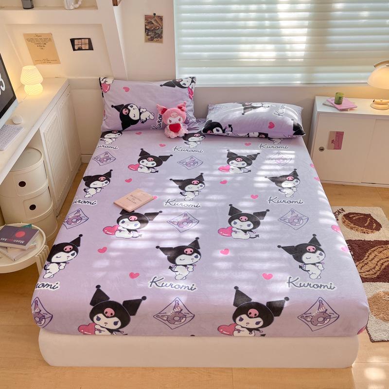 Sanrio Thick Warm Milk Velvet Fitted Sheet - Cute KT Cat, Kuromi & My Melody Design