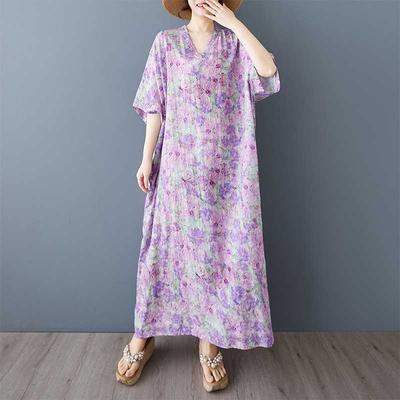 Summer Floral Vacation Style Travel V-neck Retro Long Dress To Hide The Flesh Cotton and Linen Dress