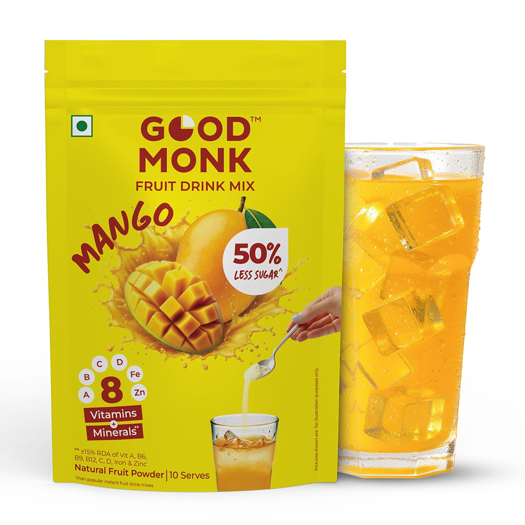 

Good Monk Fruit Drink Mix (Natural Mango) - 50% Less Sugar, 8 Vitamins & Minerals for Instant Hydration, Nutrition & Energy | Mango Flavor Juice Po