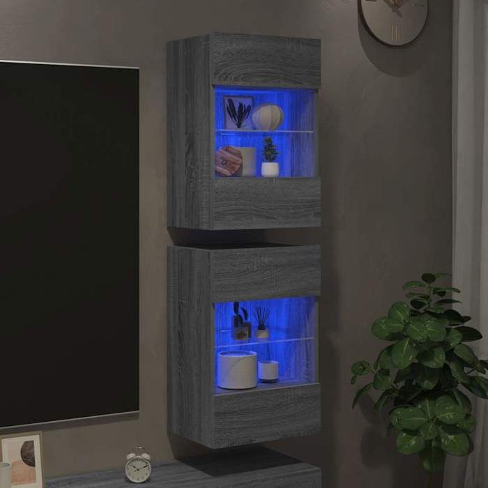 VidaXL Wall-Mounted Furniture with LED Lights for TV 2pcs, Hanging TV Cabinets with Shelf, Floating TV Furniture 837089