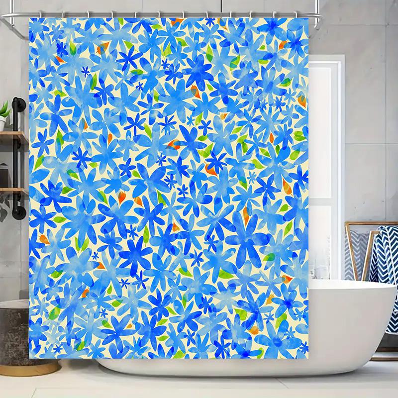 

Bright Blue Flowers Shower Curtain Waterproof Bathroom Decor For Home Decorate Size 69X70 (Set Of Hooks Included) W60H190(CM)-1 Pcs