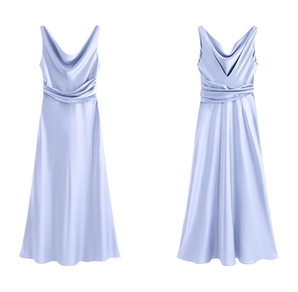 High-End Acetate Glossy Swing Collar Dress: Summer Socialite Style with Pleated Waist-Cinching and Luxe Texture.