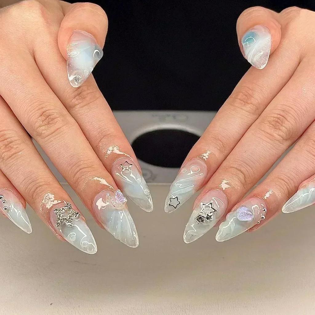 24Pcs Pink Almond False Nails Butterfly Ballet with French Design Wearable Fake Nails Simple Artificial Press On Nails Tips Art
