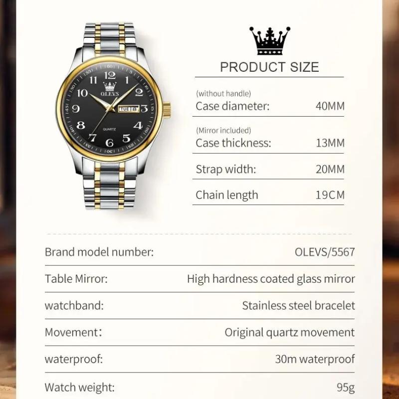 OLEVS Klassische Herrenuhren aus Edelstahl, wasserdicht, leuchtend, Doppelkalenderanzeige, Quarzuhr für Männer