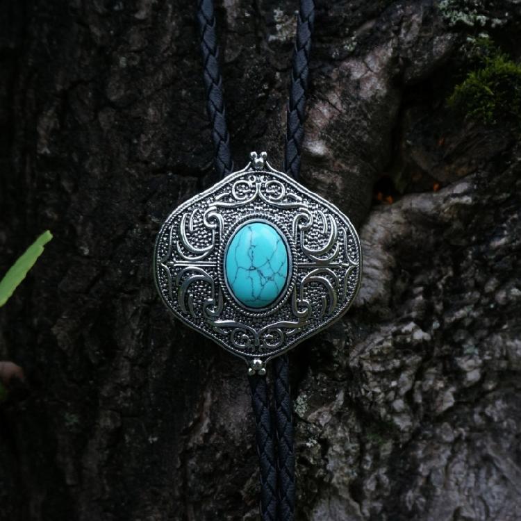 Elegant Black Bolo Tie with Gemstones Pendant Cowboy Necktie Western Tie