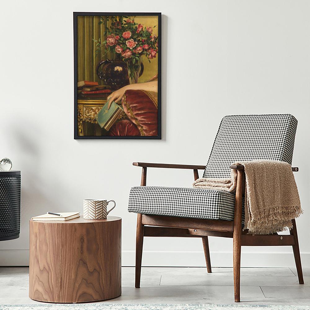 Sitting On The Sofa Reading A Book Eclectic Wall Art Poster Vintage Rose Floral Baroque Oil Painting Picture Living Room Decor