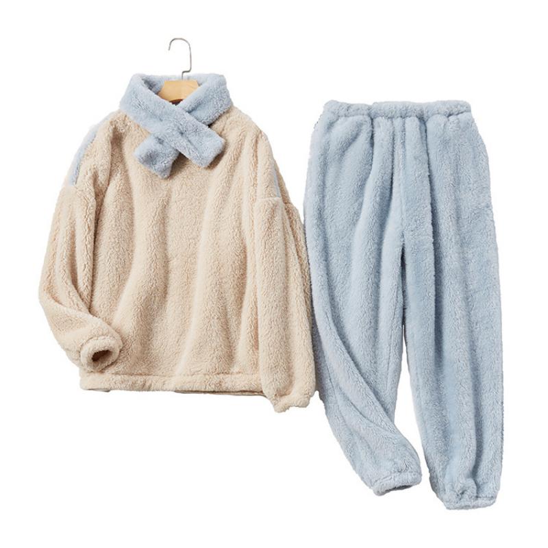 Thicken Coral Fleece Pajamas Set Women Winter Warm Vintage Casual Kawaii Sweet Girl Suit Homewear Plus Size Two-piece Suit Chic