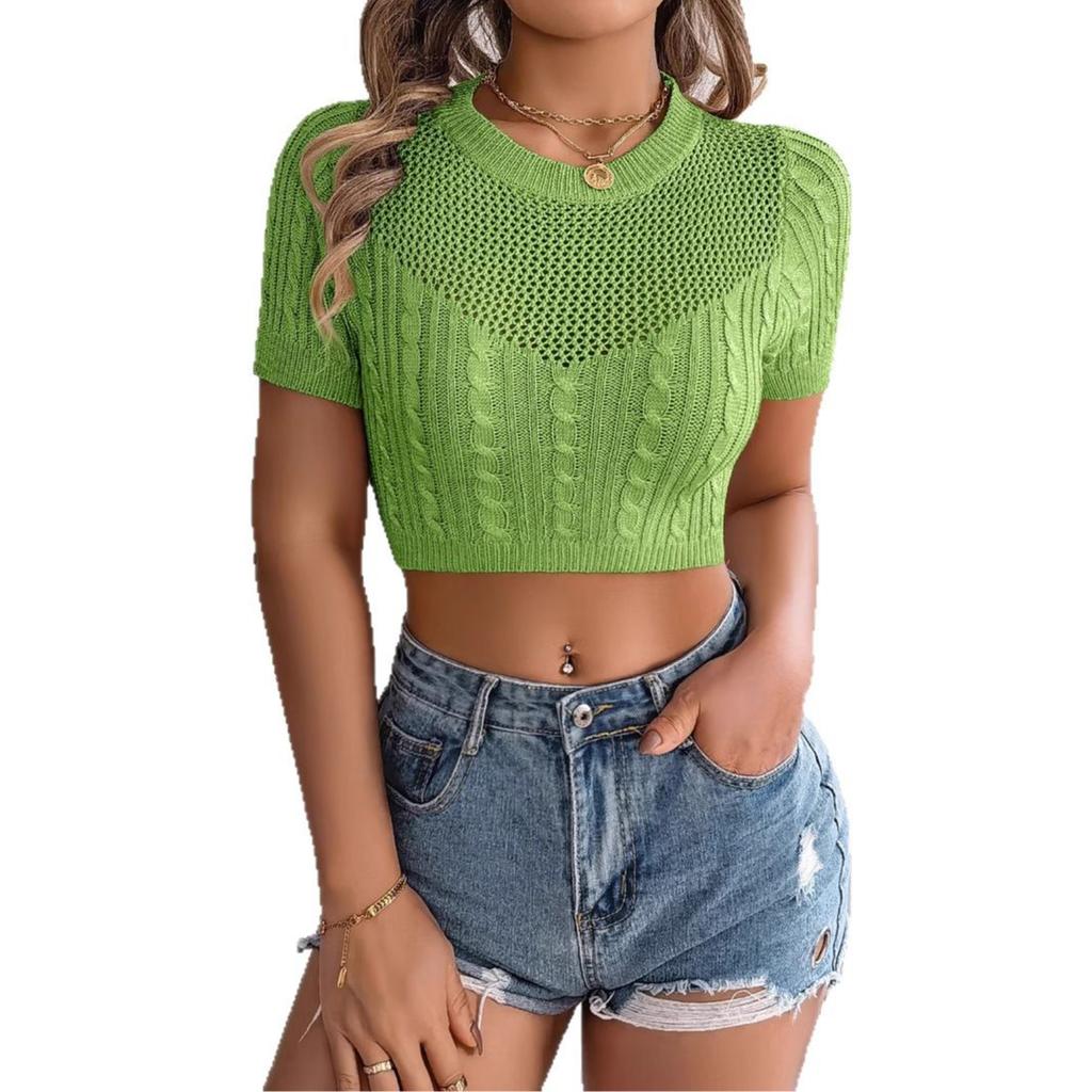 GMXIA Spring and Summer Casual Hollowed-out Twisted Short-sleeved Knitted Sweater, Vacation Short Navel Top for Women's Wear